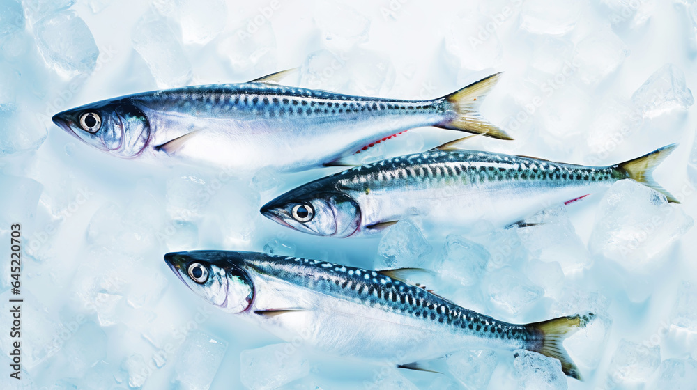 Fresh mackerel fish (Scomber scrombrus) on ice. Seafood background. Generative AI