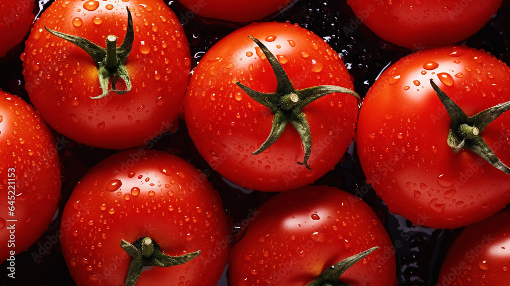 Fresh red tomatoes with water drops background. Vegetables backdrop. Generative AI