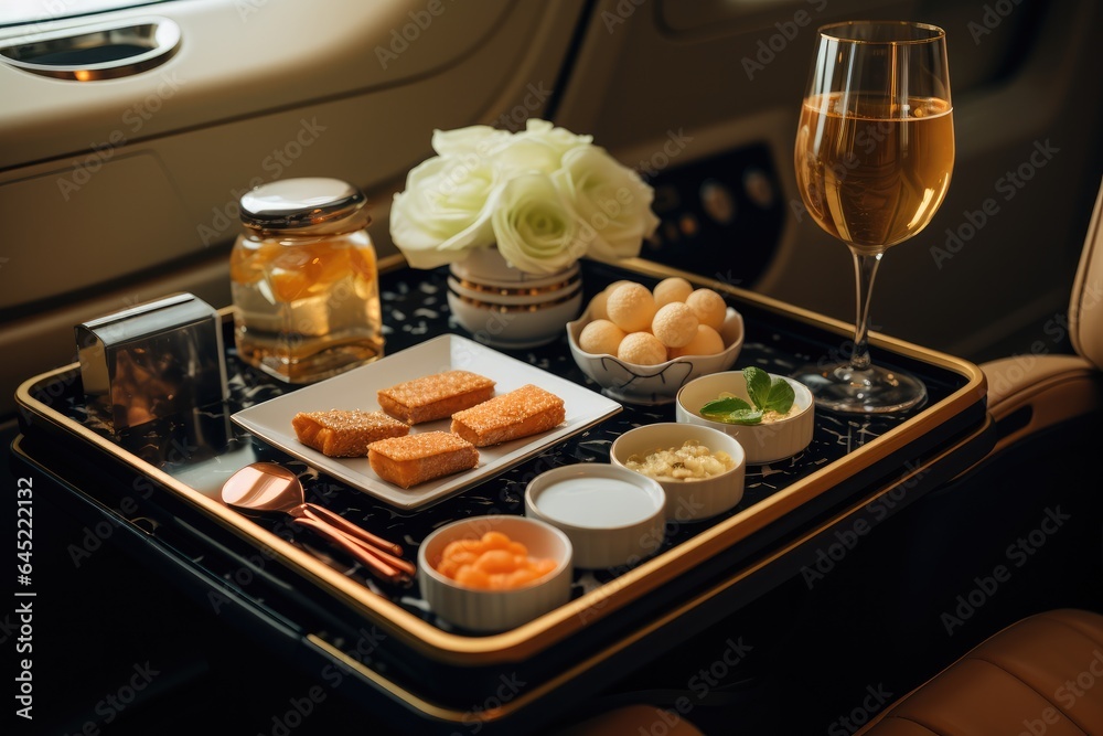 Caviar with seafood on private airplane , High-end luxury food.