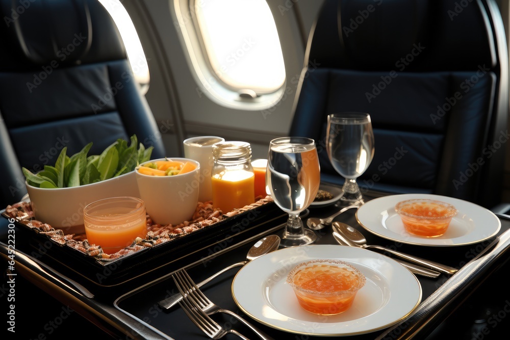 High-end luxury food, Caviar in the first class of the plane.