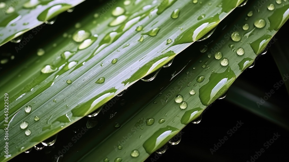 Tropical coconut palm leaf with water droplets.