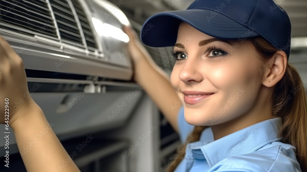 Technician woman service outside unit at home, Repairing air conditioner.