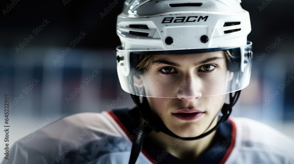 Portrait of young ice hockey player in helmet.