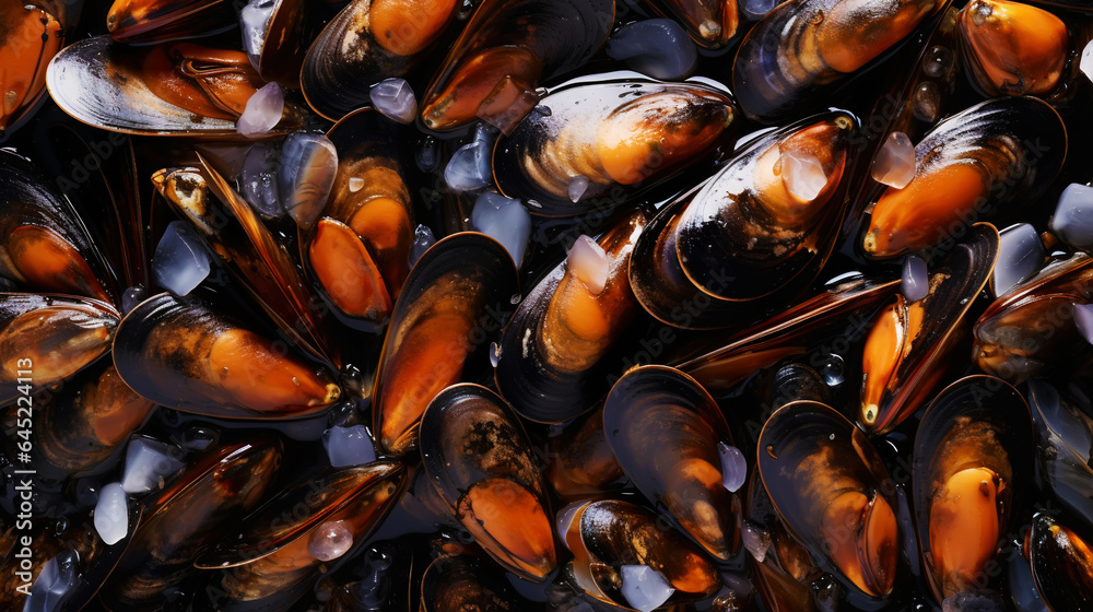 Raw Mussels on ice in the restaurant . Fresh seafood shellfish background. Generative AI