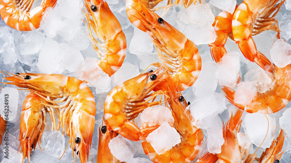 Top view of raw whole shrimps on ice. Seafood background. Generative AI