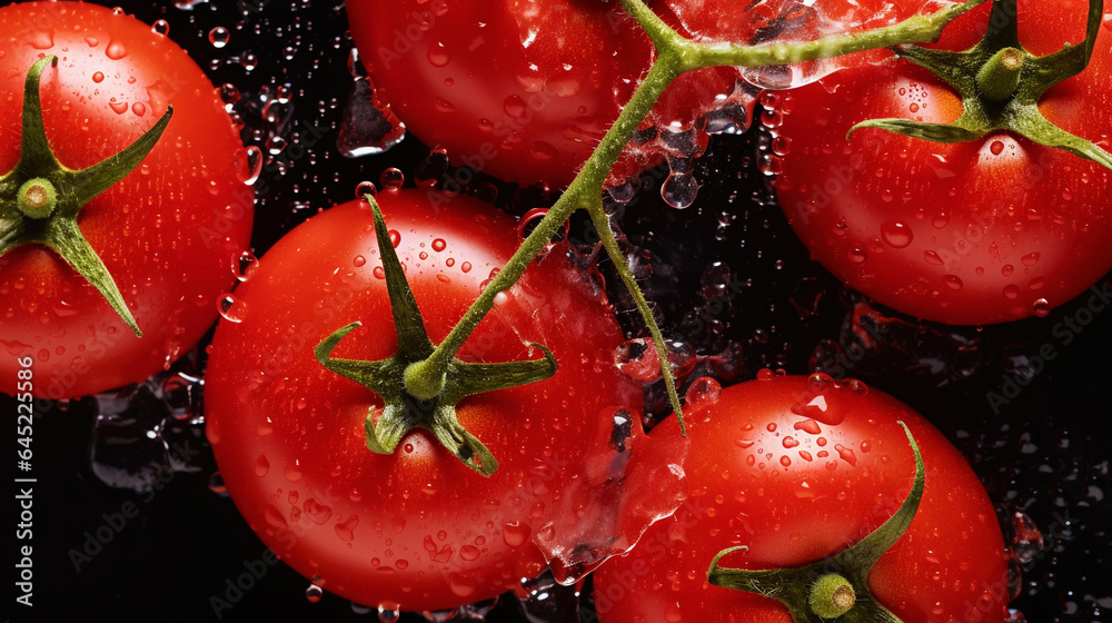 Fresh red tomatoes with water drops background. Vegetables backdrop. Generative AI