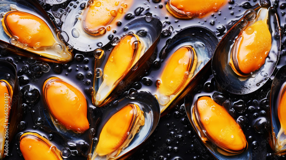 Raw Mussels on ice in the restaurant . Fresh seafood shellfish background. Generative AI