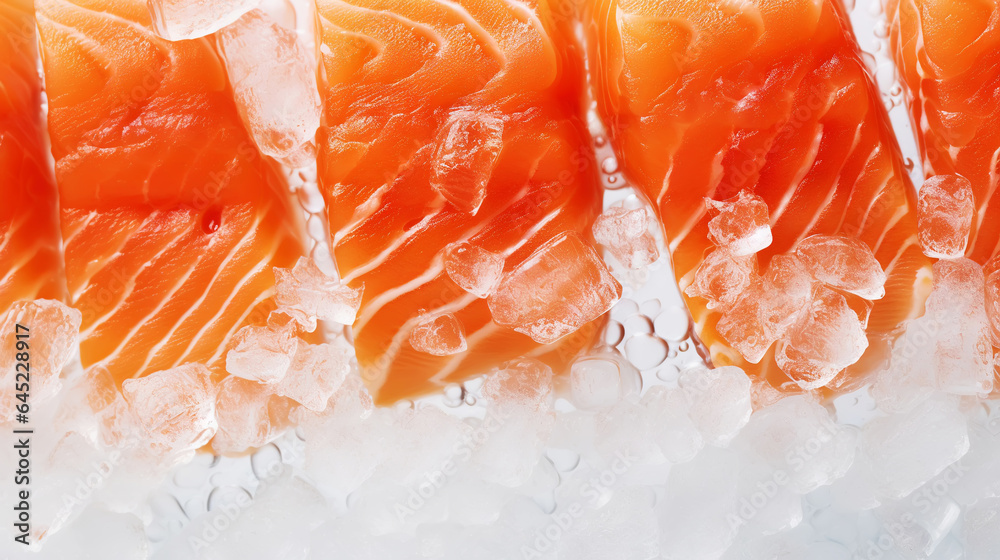 Fresh salmon fillet on ice. Red tasty fish meat. Seafood background. Generative AI