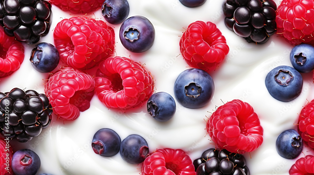 Yogurt and fresh forest berries, background. Top view. Generative AI