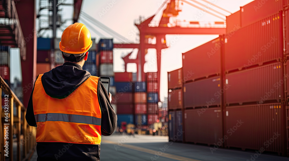 An engineer and tablet at Containers yard from Cargo freight ship for import export. Transportation 