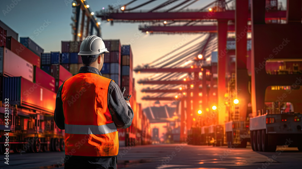 An engineer and tablet at Containers yard from Cargo freight ship for import export. Transportation 