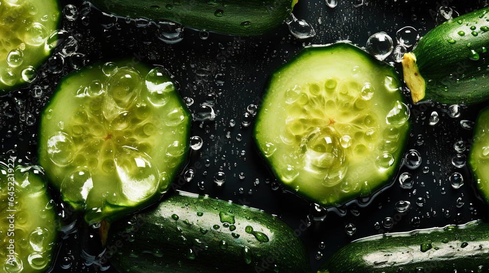 Freshgreen zucchini or courgettes with water drops background. Vegetables backdrop. Generative AI