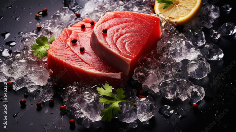 Slices of tuna fish on the ice cubes. Fresh fish fillet. Seafood background. Generative AI