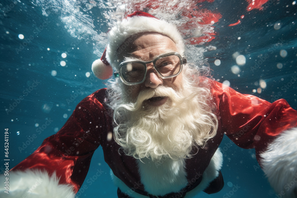 Santa Claus diving and swimming underwater. Santa on vacations, holidays