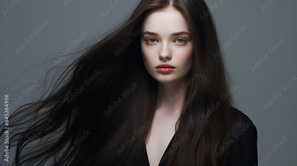 Haircare theme with woman with long black hair