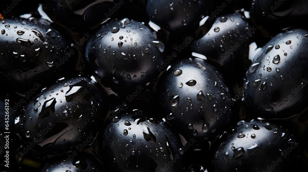 Black olives with leaves and water drops background. Vegetables backdrop. Generative AI