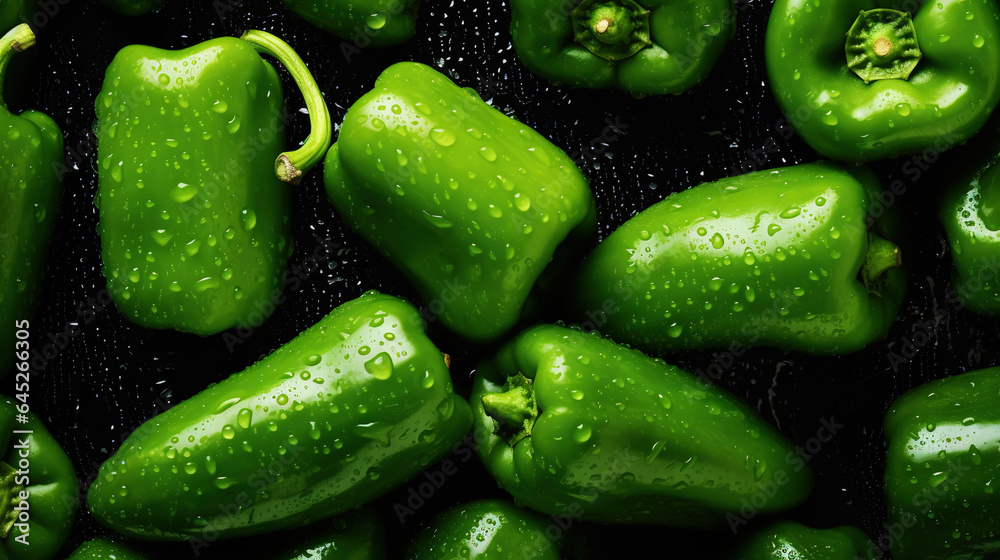 Fresh green bell peppers with water drops background. Vegetables backdrop. Generative AI