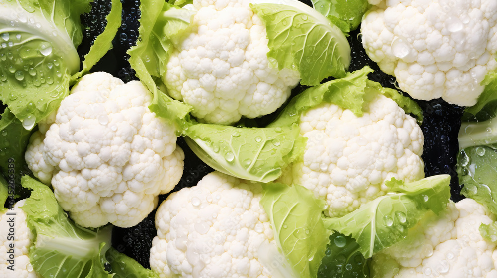 Fresh cauliflowers with water drops background. Vegetables backdrop. Generative AI