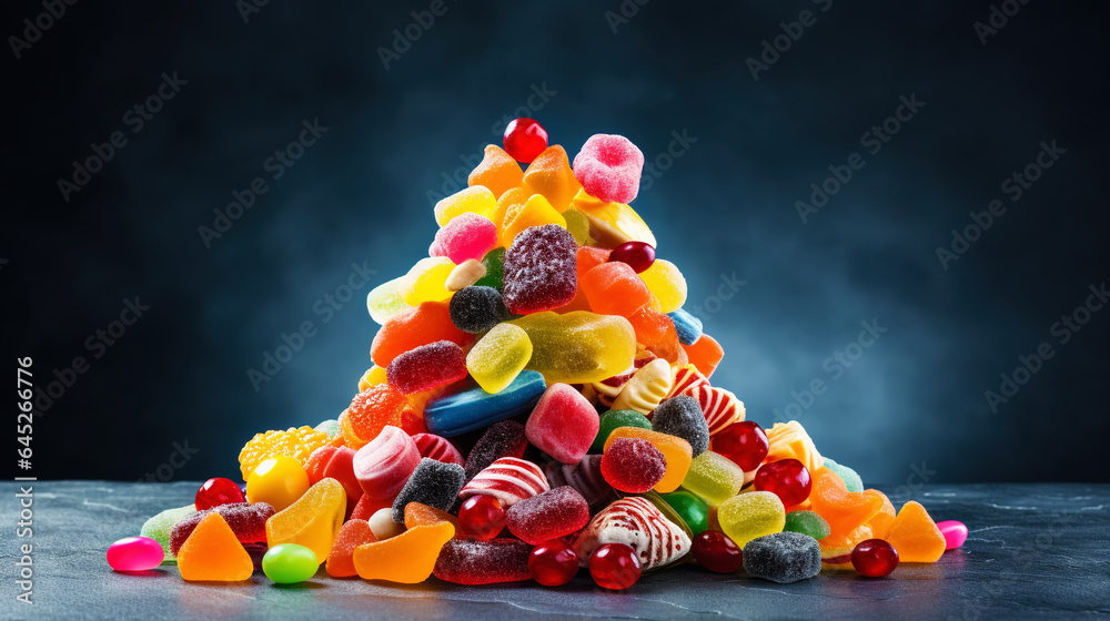 Top view on delicious multicolored candies on black rustic background. Generative AI