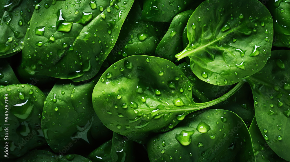 Fresh green spinach leaves with water drops background. Vegetables backdrop. Generative AI