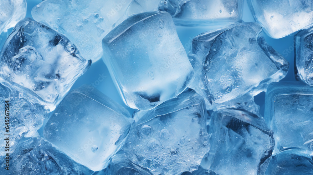 Ice cubes bluish background. Frozen water. Cold fresh concept. Generative AI