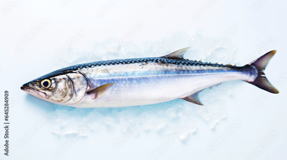 Fresh mackerel fish (Scomber scrombrus) on ice. Seafood background. Generative AI