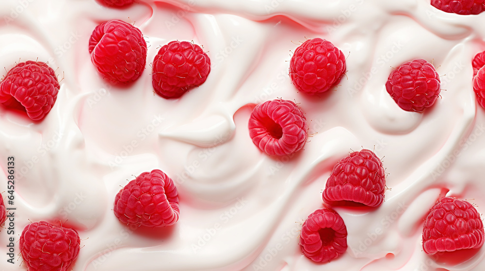 Yogurt and fresh raspberries, background. Top view. Generative AI