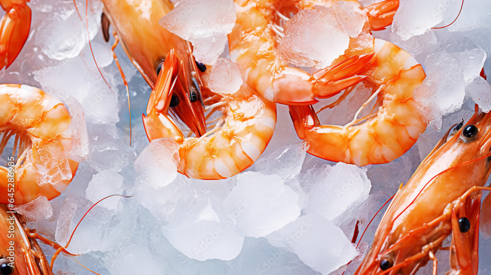 Top view of raw whole king prawns on ice. Seafood background. Generative AI