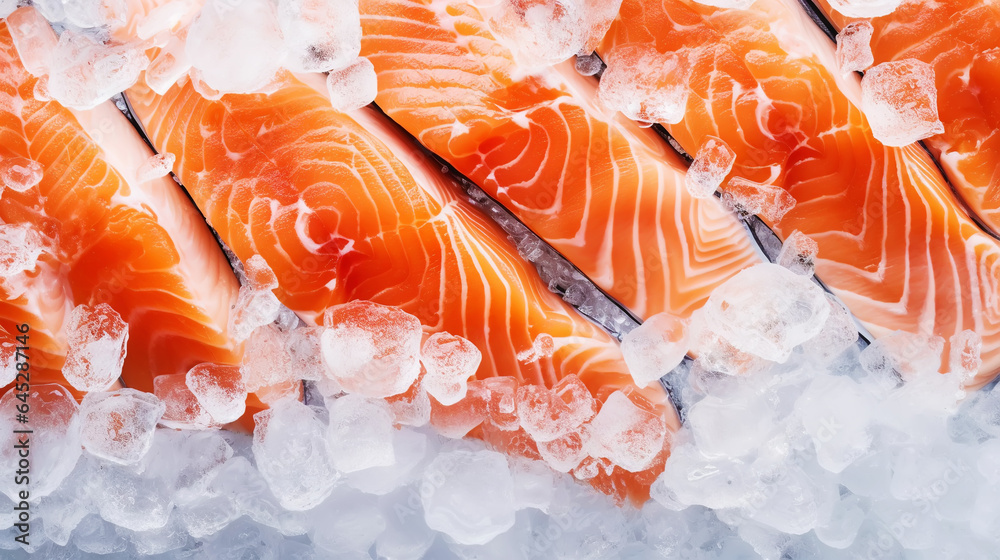 Fresh salmon fillet on ice. Red tasty fish meat. Seafood background. Generative AI