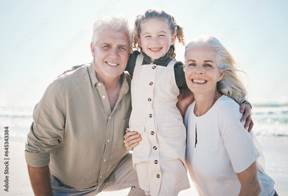 Smile, portrait and grandparents with child on beach for travel, summer vacation and relax. Love, su