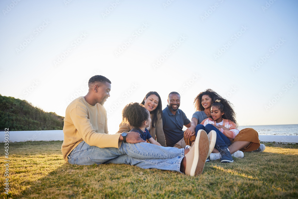 Beach, happy and family relax on vacation, bonding and having fun together on grass on mockup space.