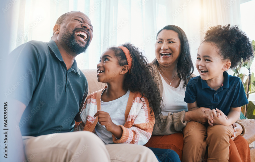 Family, grandparents and children on sofa laughing for bonding, relationship and funny conversation.