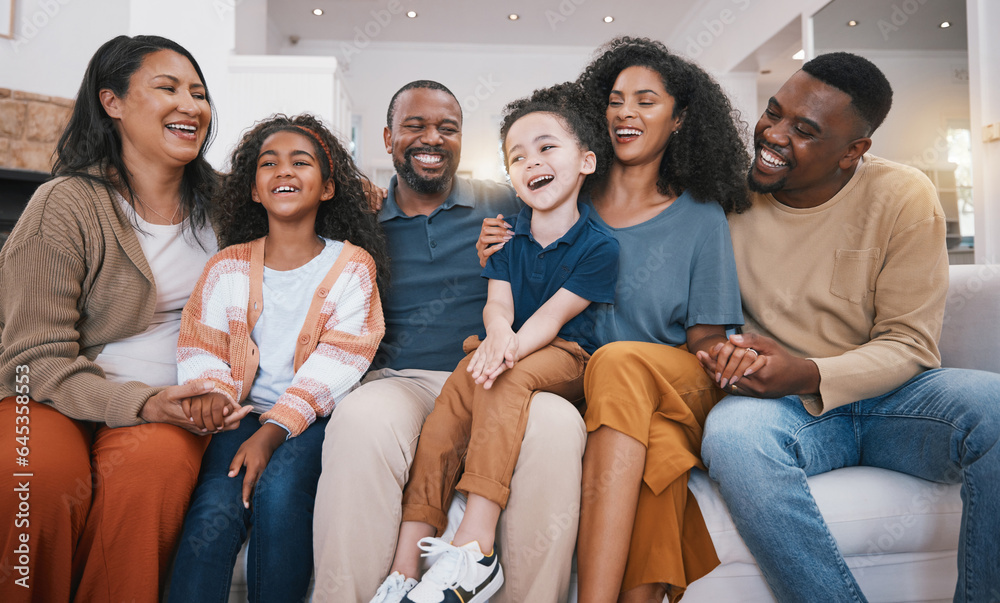 Family, happy grandparents and children on sofa with smile for bonding, relationship and love. Home,