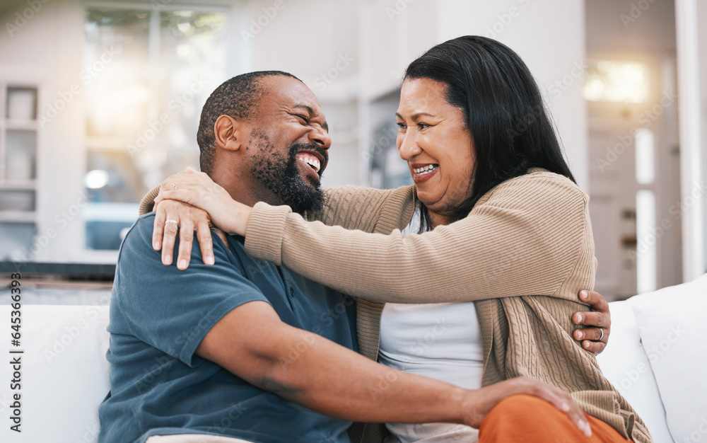 Happy, hug and mature couple on sofa in living room for bonding, healthy relationship and marriage. 