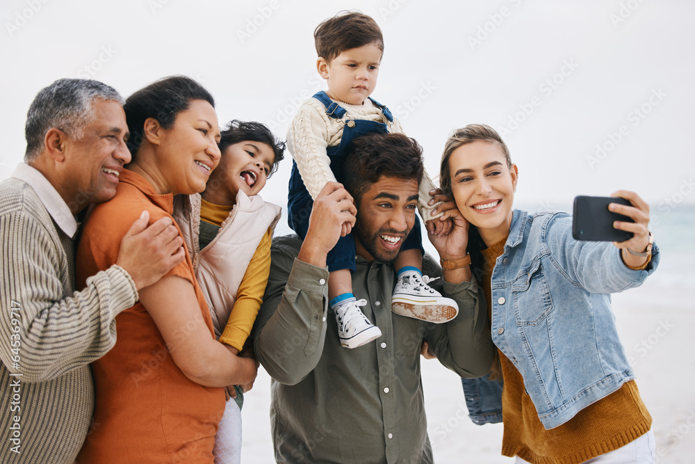 Happy family, grandparents and selfie on beach for kids holiday, vacation and outdoor on social medi