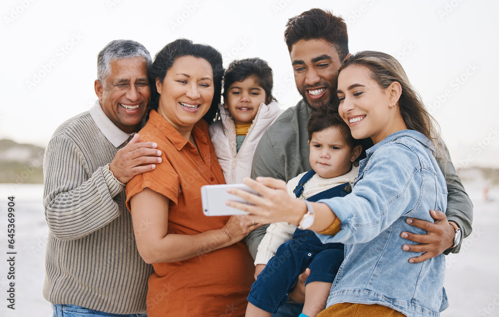 Family, grandparents and children in selfie on beach for holiday, vacation and outdoor on social med