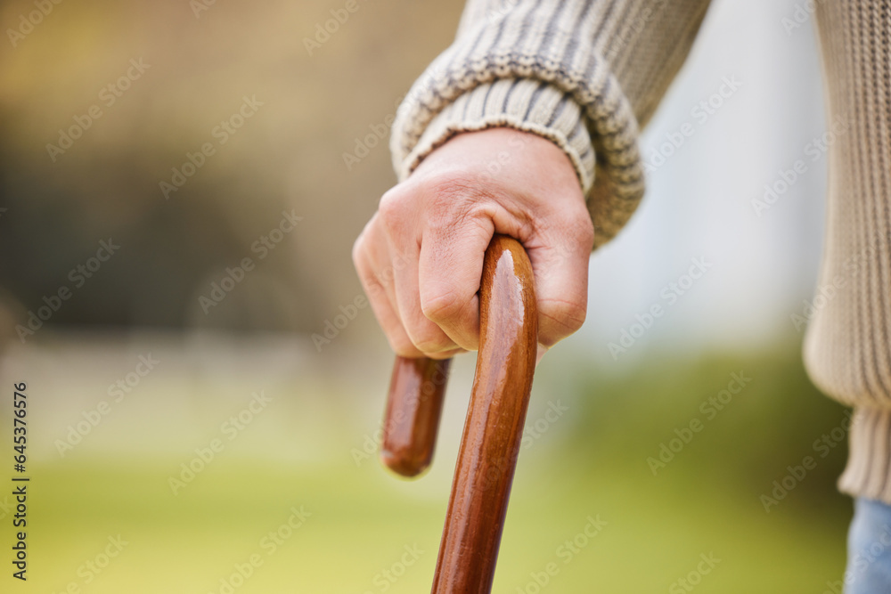 Walking stick, support and elderly with hands of person with a disability for injury, osteoporosis a