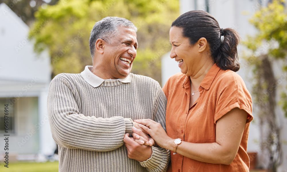 Love, happy and laughing with old couple holding hands for support, romance or bonding. Retirement, 