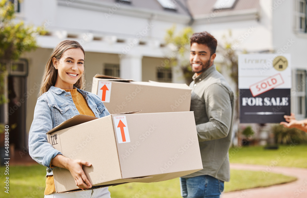 Couple, boxes and portrait for new home, real estate and property, homeowner and outdoor neighborhoo