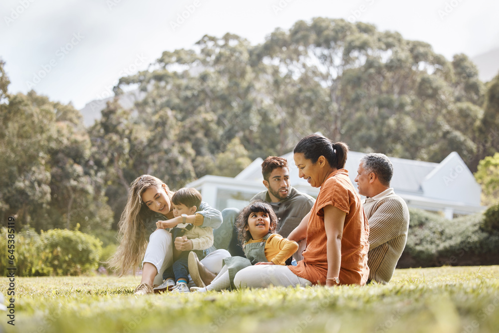 Happy, big family and garden of new home with love, support and grandparents with parents and kids. 