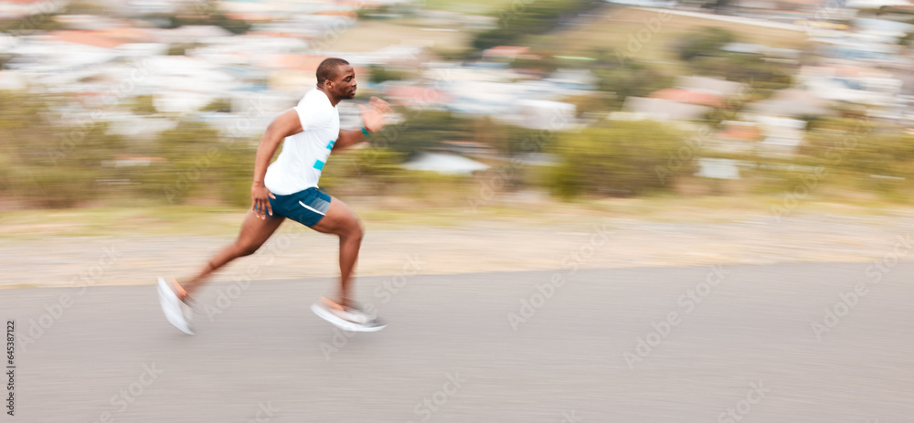 Fast, road and a black man running for cardio, exercise and training for a marathon. Sports, health 