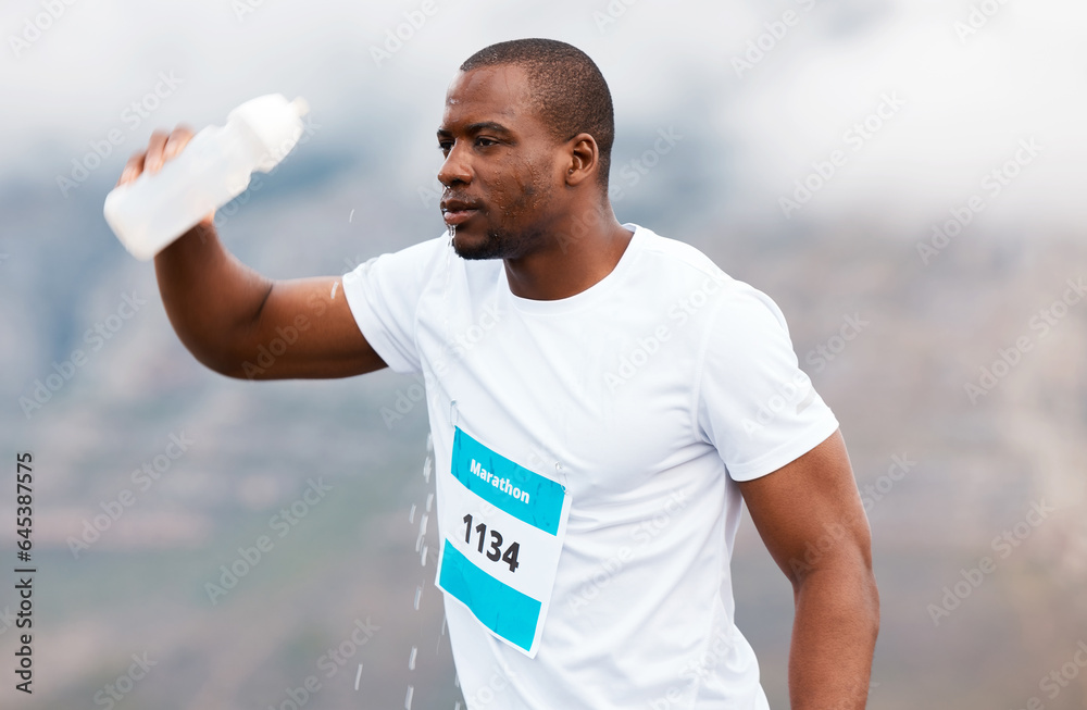 Outdoor, water bottle and black man with fitness, marathon and exhausted with exercise, workout and 