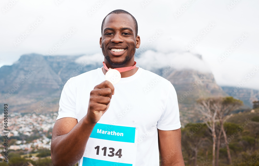 Runner man, winner and medal in portrait for marathon, competition or race with smile in Cape Town. 