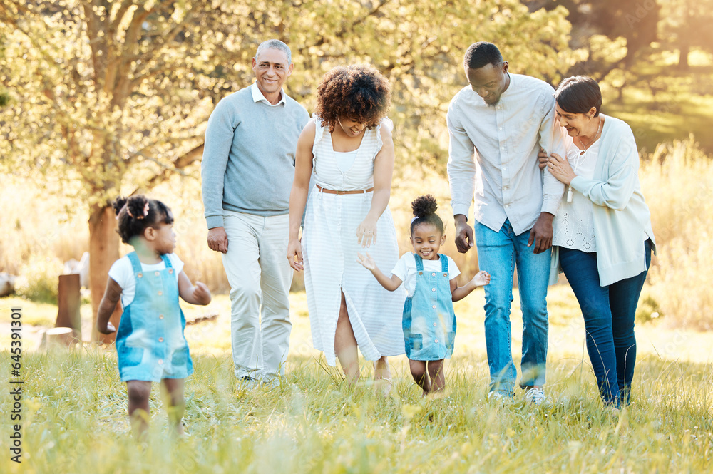 Nature, happy and family generations in a park for bonding, having fun and talking together. Love, s