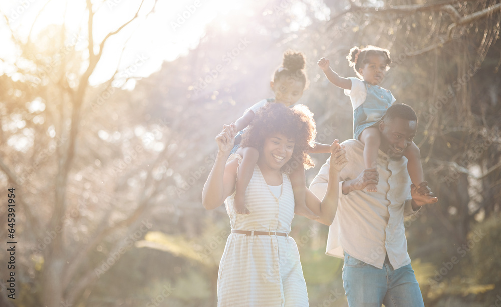 Parents with kids in park, piggy back and walking for love, bonding or peace in nature together. Mot