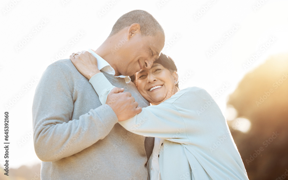 Laugh, love and senior couple in a park on an outdoor date for romance, bonding or happiness. Smile,