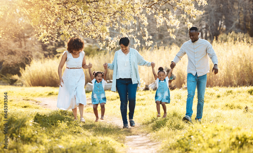 Walking, holding hands and family generations in nature at an outdoor park together for bonding. Lov