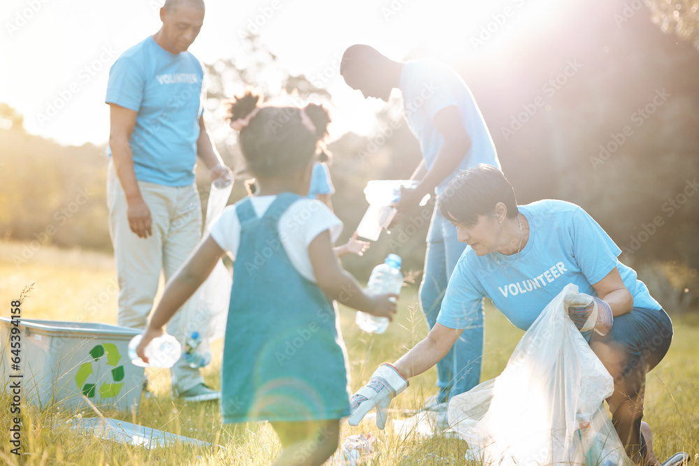 Nature team, volunteering family and child cleaning garbage pollution, waste litter or plastic bottl