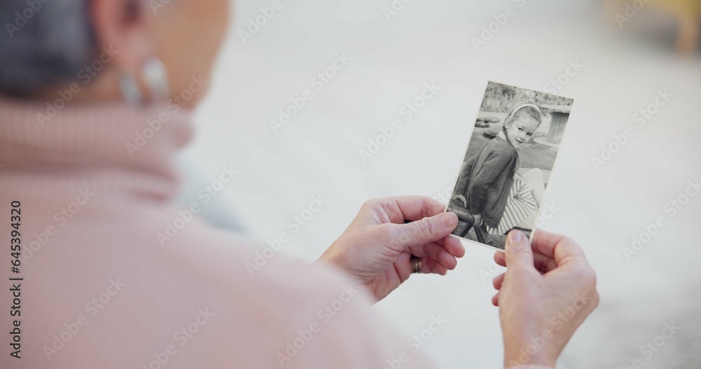 Memory, senior and woman with a photograph with hands in closeup for nostalgia in home. History, ret