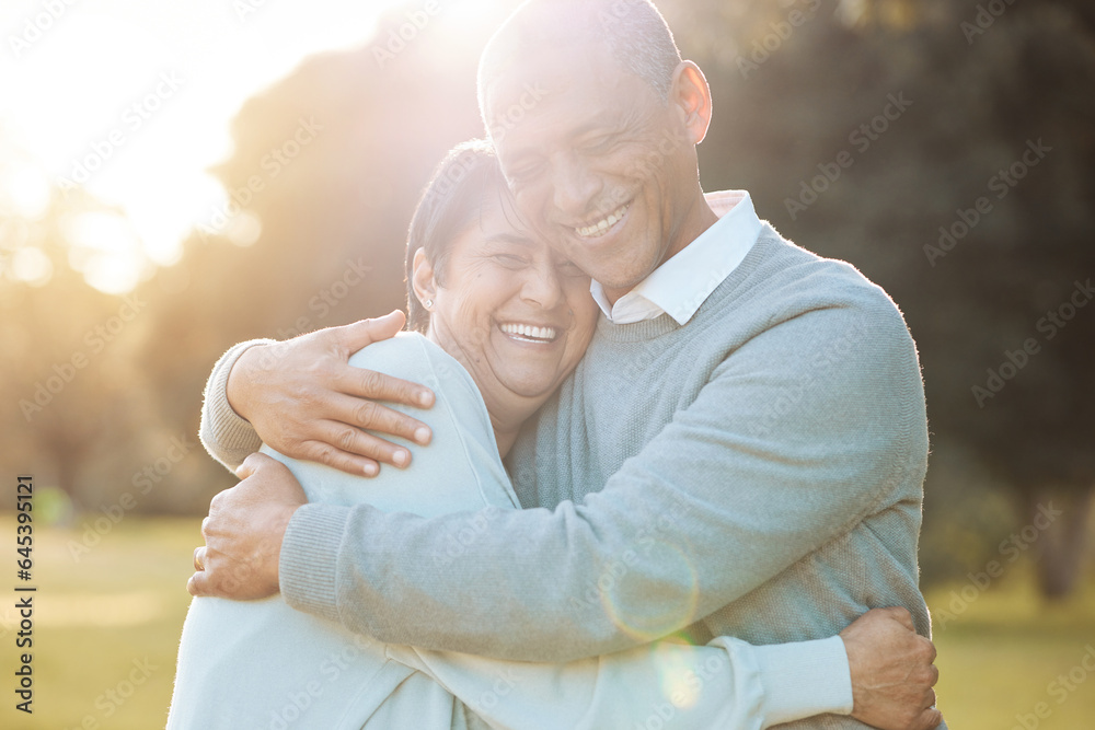 Nature, smile and senior couple hugging with love, care and romance on a date in outdoor park. Happy